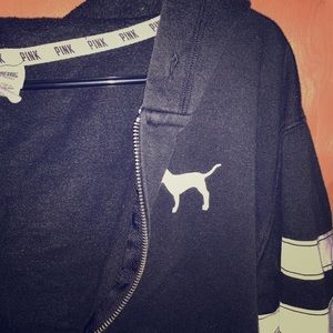 Pink brand sweater! Black zip up, with hood!
